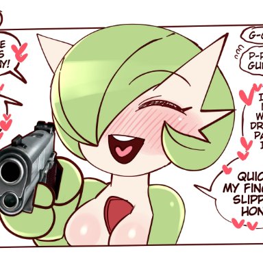 nintendo, pokemon, gardevoir, pok&#233;mon (species), saltyxodium, big breasts, breasts, female, gun, happy, heart, dialogue