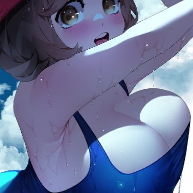 nintendo, pokemon, pokemon sm, selene (pokemon), sumisumii, 1girls, big eyes, blush, breasts, brown hair, cleavage, competition swimsuit, female, female only, hat