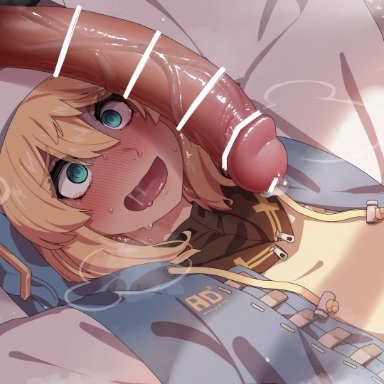 guilty gear, guilty gear strive, bridget, mizumizuni, 2boys, androgyne symbol, bed, big penis, blonde hair, blush, fully clothed, hood, huge cock, large penis, long hair