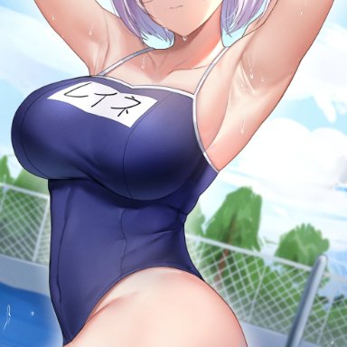 hololive, hololive indonesia, pavolia reine, dobure18, armpits, arms up, glasses, one-piece swimsuit, short hair