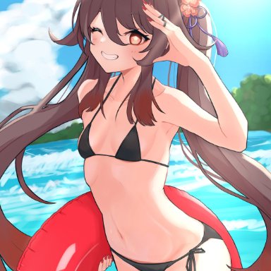 genshin impact, hu tao (genshin impact), 1girls, beach, bikini, blush, breasts, cute, nail polish, one eye closed, petite, red eyes, small breasts, smile, wink