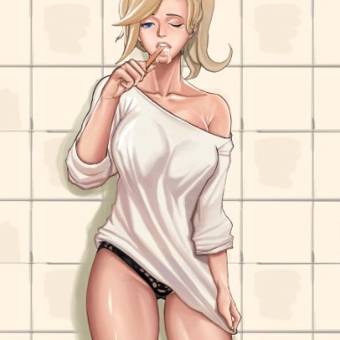 blizzard entertainment, overwatch, mercy, umigraphics, 1girls, big breasts, blonde female, blonde hair, brushing teeth, casual, female, female only, light-skinned female, panties, shirt only