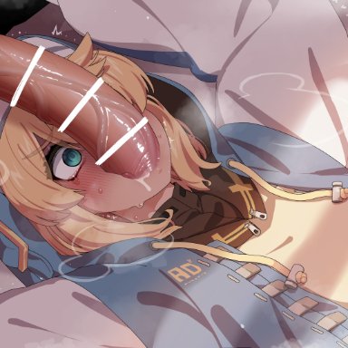 guilty gear, guilty gear strive, bridget, mizumizuni, 2boys, androgyne symbol, bed, big penis, blonde hair, blowjob, blush, fellatio, fully clothed, hood, huge cock