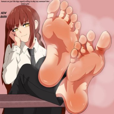 chainsaw man, makima (chainsaw man), feet, feet together, female, female only, foot fetish, foot focus, long hair, perfect feet, pov feet, red hair, smile, soles, thick legs