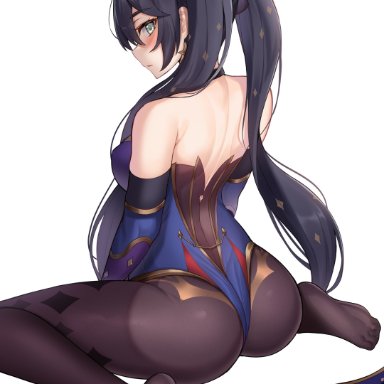 genshin impact, mona (genshin impact), komainu (yamaha1997), 1female, ass, back, back view, bare shoulders, black hair, blush, elbow gloves, female, female focus, female only, from behind