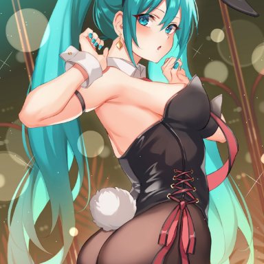 vocaloid, hatsune miku, 1girls, animal ears, aqua eyes, aqua hair, aqua nails, armpits, arms up, big ass, big breasts, breasts, bubble butt, bunny day, bunny ears