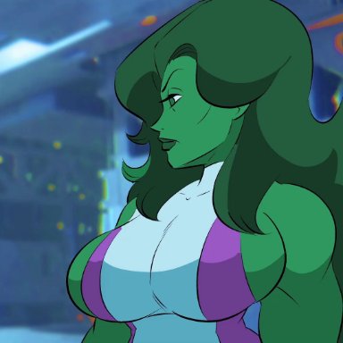 fantastic four, hulk (series), marvel, character request, she-hulk, funsexydragonball, 1boy, 1girls, ass, background, big breasts, blowjob gesture, bottomless, bottomless male, breasts