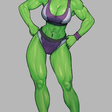 hulk (series), marvel, marvel comics, she-hulk, blanclauz, 1girls, bare shoulders, big breasts, cleavage, female, female only, full body, green eyes, green hair, green skin