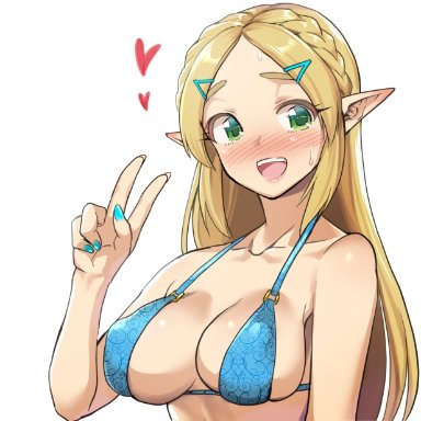 breath of the wild, nintendo, the legend of zelda, princess zelda, zelda (breath of the wild), monbetsu kuniharu, :d, bare shoulders, bikini, blonde female, blonde hair, blue bikini, blue nails, blush, braided hair