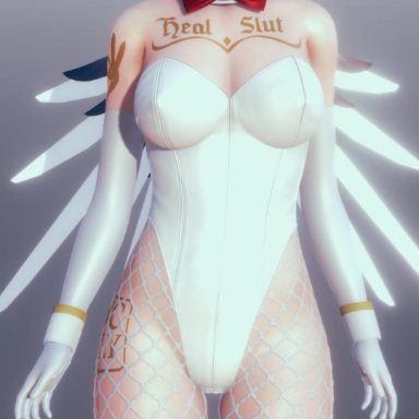 overwatch, mercy, jsmitt, bunnysuit, fishnets, queen of hearts, tattoos, 3d