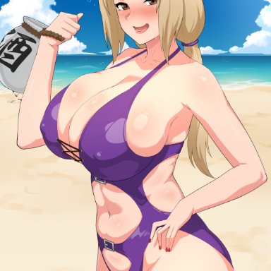 naruto, naruto (classic), naruto (series), naruto shippuden, shounen jump, tsunade, lancer24ac, 1girls, alcohol, bare arms, bare breasts, bare chest, bare legs, bare shoulders, bare thighs