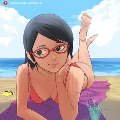 boruto: naruto next generations, naruto, naruto (series), shounen jump, sarada uchiha, uchihaniray, 1girls, ass, barefoot, beach, bikini, bikini bottom, bikini top, black eyes, black hair