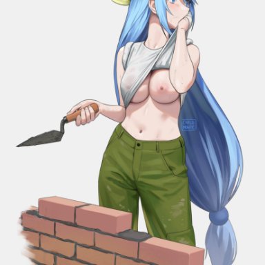 aqua (konosuba), carlo montie, 1girls, aqua eyes, aqua hair, areolae, big breasts, blue hair, blush, breasts, brick wall, bricks, building, construction site, exposed breasts