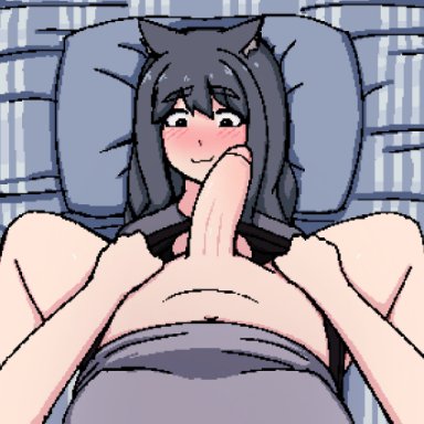 mia (dbagdraws), molly (dbagdraws), dbagdraws, fluffyearedfox, 1futa, 1girls, animal ears, big penis, black eyes, black hair, blush, bottomless, breasts, cat ears, cat tail