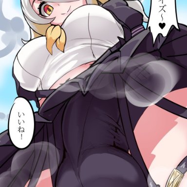 tower of fantasy, tsubasa (tower of fantasy), ihcaris, 1futa, ahoge, balls, balls under clothes, big balls, big penis, bike shorts, black shorts, black skirt, blonde hair, breasts, closed mouth