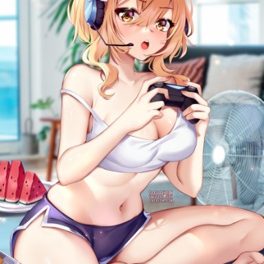 genshin impact, lumine (genshin impact), squchan, 1girls, bare feet, bare legs, barefoot, booty shorts, breasts, controller, dolphin shorts, feet, female, female only, flower hair ornament