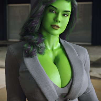 marvel, marvel comics, jennifer walters, she-hulk, rude frog, 1girls, big breasts, bra, breasts, business suit, cleavage, clothed, clothed female, female, female only