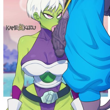 dragon ball, dragon ball super, dragon ball super super hero, beerus, cheelai, kameseru, 1boy, 1girls, barbed penis, big breasts, big penis, breasts, cheating, female, green body