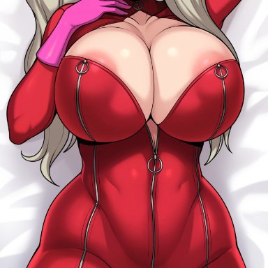 atlas, persona, persona 5, ann takamaki, jmg jellybean, 1girls, arm up, blonde female, blonde hair, blue eyes, blush, bodysuit, breasts, cleavage, female