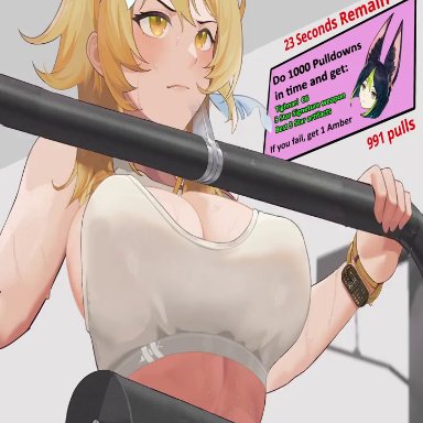 genshin impact, lumine (genshin impact), 100wang, segal03, 1girls, blonde female, breast grab, breast squeeze, dubious consent, gym, gym uniform, sports bra, sportswear, titty drop, unseen male face