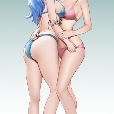 fire emblem, fire emblem: three houses, nintendo, hilda valentine goneril, marianne von edmund, shizuko hideyoshi, 2girls, alternate hairstyle, ass, bare arms, bare legs, bare shoulders, barefoot, blue bra, blue hair