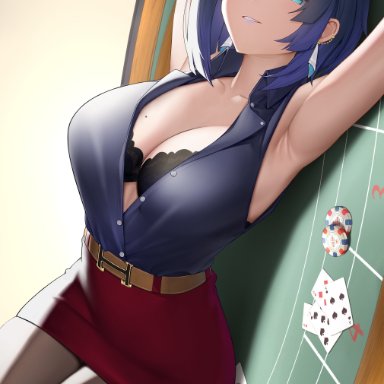 genshin impact, yelan (genshin impact), terebi (shimizu1996), 1girls, armpits, big breasts, blouse, bob cut, bra, breasts, cleavage, earrings, eyelashes, eyeliner, female