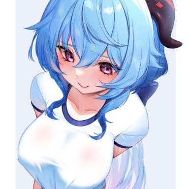 genshin impact, ganyu (genshin impact), tofuubear, ahoge, bangs, blue hair, blush, bottomless, breasts, collarbone, female, goat horns, horns, large breasts, long hair