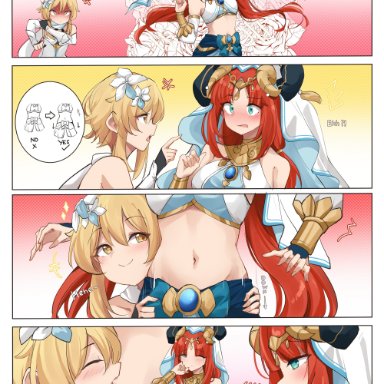 genshin impact, lumine (genshin impact), nilou (genshin impact), 2girls, angry, belly, belly button, blush, clothes pull, female, female only, licking belly, midriff, navel, skirt