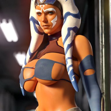 star wars, star wars rebels, ahsoka tano, togruta, rude frog, 1girls, abs, alien, alien girl, armwear, athletic, athletic female, background, bare midriff, big breasts