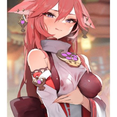 genshin impact, yae miko, pomesaurus, animal ears, blurry, blurry background, blush, breasts, breath, closed mouth, clothes pull, detached sleeves, earrings, female, fox ears
