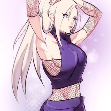 naruto, naruto (series), naruto shippuden, shounen jump, ino yamanaka, jonyaoh, 1girls, armpit focus, armpit pose, armpits, arms behind head, arms up, black eyeliner, black hair tie, blonde female