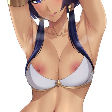 genshin impact, candace (genshin impact), xtermination, armpits, arms up, belly button, blue eyes, blue hair, blush, bra, dark-skinned female, dark skin, egyptian, egyptian clothes, egyptian headdress