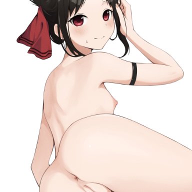 shinomiya kaguya, coro fae, ///, 1girls, adjusting hair, anus, areolae, ass, asymmetrical legwear, bare back, bare shoulders, black hair, black legwear, black stockings, blush