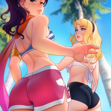 league of legends, riot games, fiora laurent, luxanna crownguard, tsuaii, 2girls, ass, ass cheeks, back, back view, bare arms, bare back, bare shoulders, bare thighs, bikini top