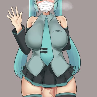 vocaloid, hatsune miku, mokuren5, 1futa, big breasts, big penis, blue eyes, blue hair, bottomless, breasts, clothed, clothing, face mask, facemask, flaccid