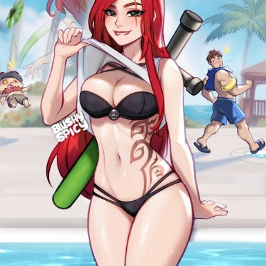 league of legends, pool party series, riot games, garen crownguard, katarina, pool party katarina, teemo, blushypixy, 1girls, abs, alternate costume, belly, belly button, belly tattoo, big breasts