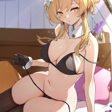 genshin impact, lumine (genshin impact), simao (x x36131422), 1girls, bed, bikini, black bikini, blonde hair, breasts, curvaceous, curvy, female, female only, gloves, looking at viewer