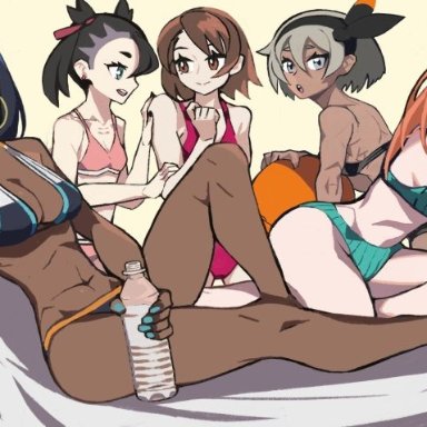 nintendo, pokemon, pokemon ss, bea (pokemon), gloria (pokemon), gym leader, marnie (pokemon), nessa (pokemon), sonia (pokemon), 5girls, bikini, black bikini, black hair, blue eyes, blue highlights