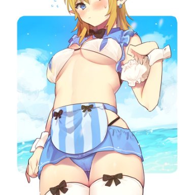 nintendo, the legend of zelda, link, ttanuu., apron, bikini, blonde female, blonde hair, blue bikini, blue eyes, bow in hair, bow thighhighs, bowtie, breasts, clouds