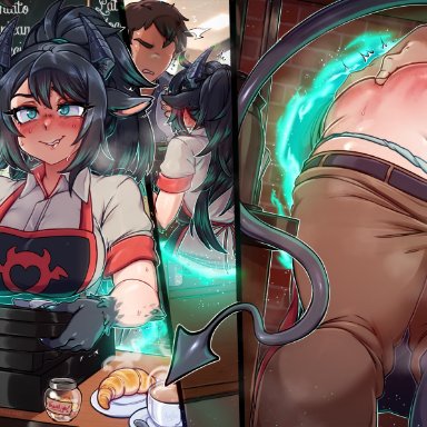 original, character request, merunyaa, 2boys, ^^^, animal ears, apron, aqua eyes, ass grab, barista, biting, biting lip, black hair, black horns, black skin