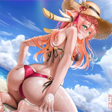 genshin impact, yanfei (genshin impact), elocca, ass, ass cleavage, bangs, bare arms, bare shoulders, barefoot, beach, bikini, blue sky, blush, breasts, butt crack