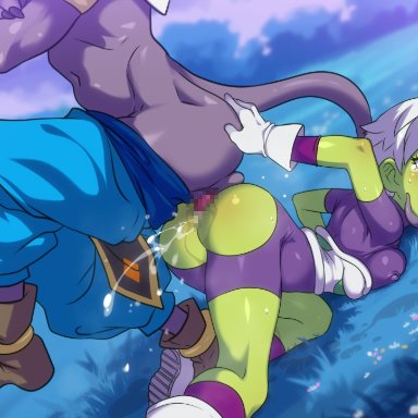 dragon ball, dragon ball super, dragon ball super super hero, beerus, cheelai, jcm2, 1boy, 1girls, alien girl, anthro, balls, bodysuit, breasts, face down ass up, female