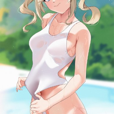 genshin impact, barbara (genshin impact), ryudraw, 1girls, armpits, bare shoulders, belly, belly button, big breasts, blonde, blonde female, blonde hair, blue eyes, blush, blushing