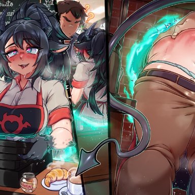 original, character request, merunyaa, 2boys, ?, ??, ahe gao, animal ears, apron, aqua eyes, ass grab, barista, black hair, black horns, black skin