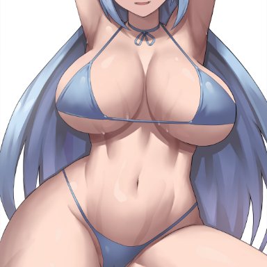 aqua (konosuba), jasony, 1girls, 5 toes, armpits, bare shoulders, barefoot, big breasts, bikini, blue eyes, blue hair, breasts, eye contact, female, female focus