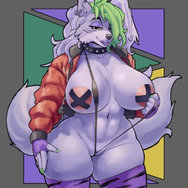 five nights at freddy's, scottgames, roxanne wolf (fnaf), duase, anthro, big breasts, bikini, black nose, breasts, canid, canine, canis, clothed, clothing, collar