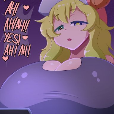 miss kobayashi's dragon maid, quetzalcoatl (dragon maid), fake face, blonde hair, hat, horns, huge breasts, phone