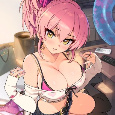 idolmaster, idolmaster cinderella girls, jougasaki mika, mika jougasaki, ootomo takuji, 1girls, accessory, big breasts, black thighhighs, blush, blush lines, blushing at viewer, bra, breasts, busty