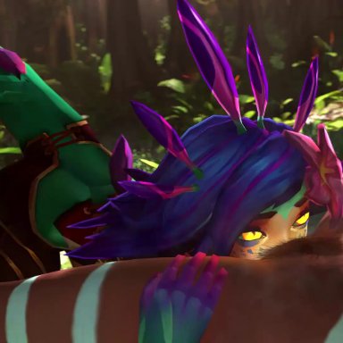 league of legends, neeko, nidalee, meklab, 2girls, cunnilingus, dark-skinned female, dark skin, female, female only, oral, pubic hair, yuri, 3d, animated