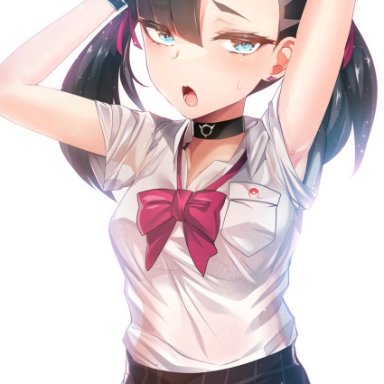 nintendo, pokemon, pokemon ss, marnie (pokemon), silly (marinkomoe), black hair, blue eyes, bowtie, bra visible through clothes, bracelet, breasts, choker, earrings, female, looking at viewer